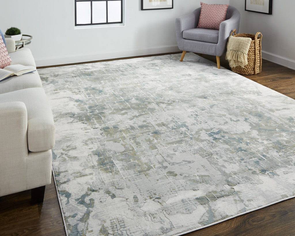 8' X 10' Green Gray And Ivory Abstract Distressed Stain Resistant Area Rug