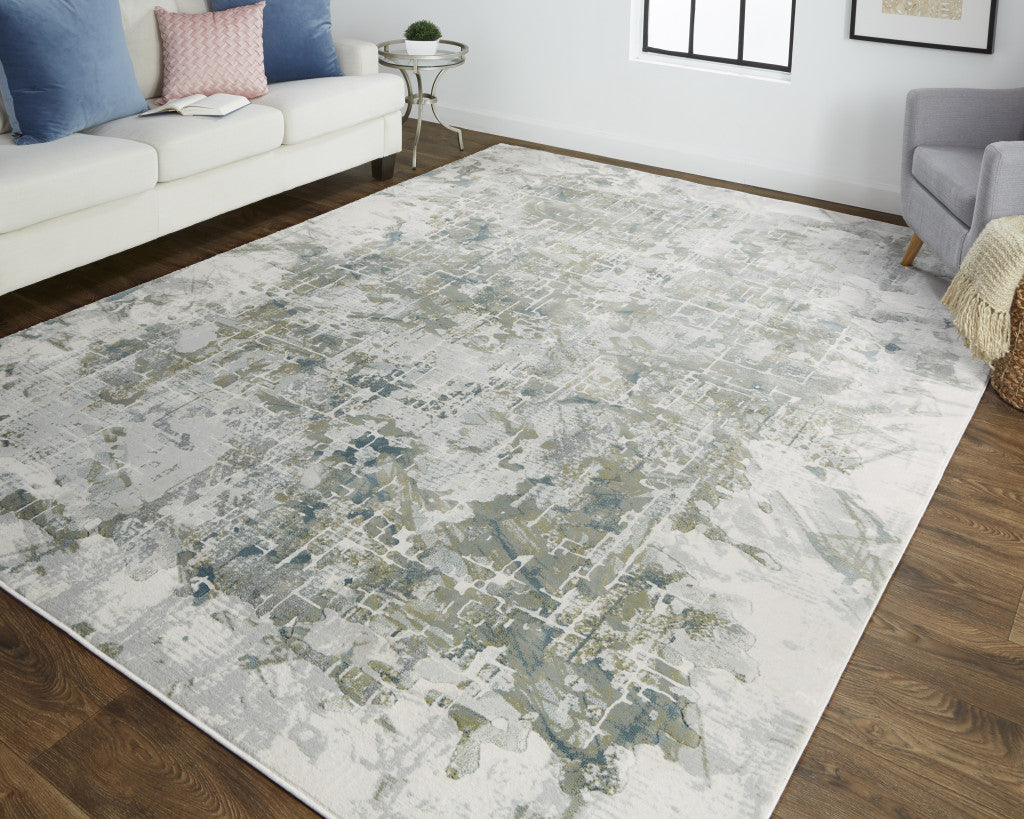 10' X 13' Green Gray And Ivory Abstract Distressed Stain Resistant Area Rug