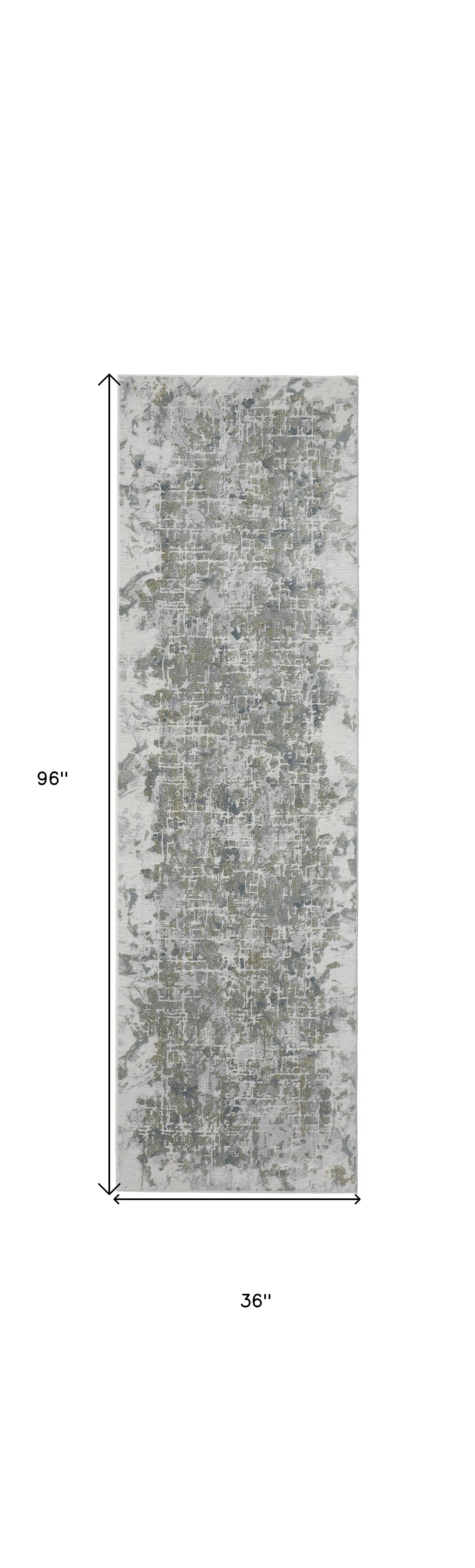 8' Green Gray And Ivory Abstract Distressed Stain Resistant Runner Rug