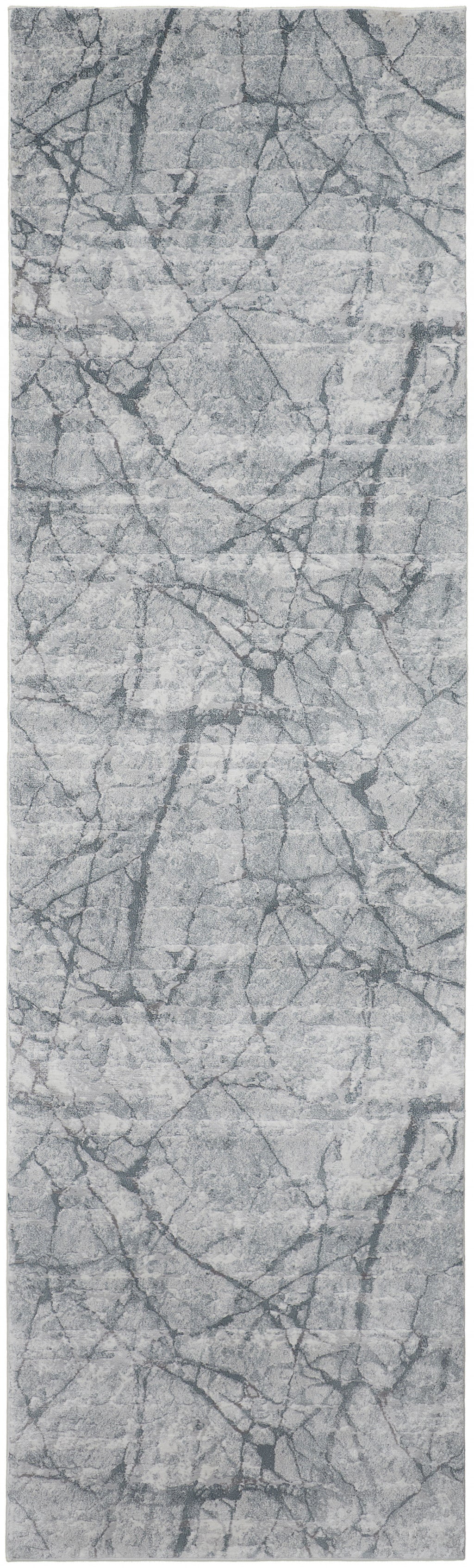 8' Blue Gray And Ivory Abstract Distressed Stain Resistant Runner Rug