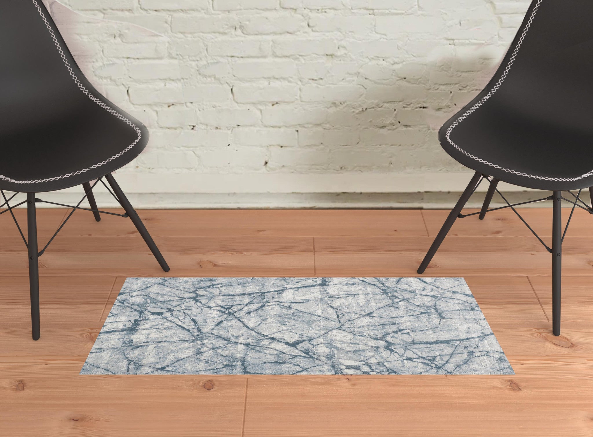 2' X 3' Blue Gray And Ivory Abstract Distressed Stain Resistant Area Rug