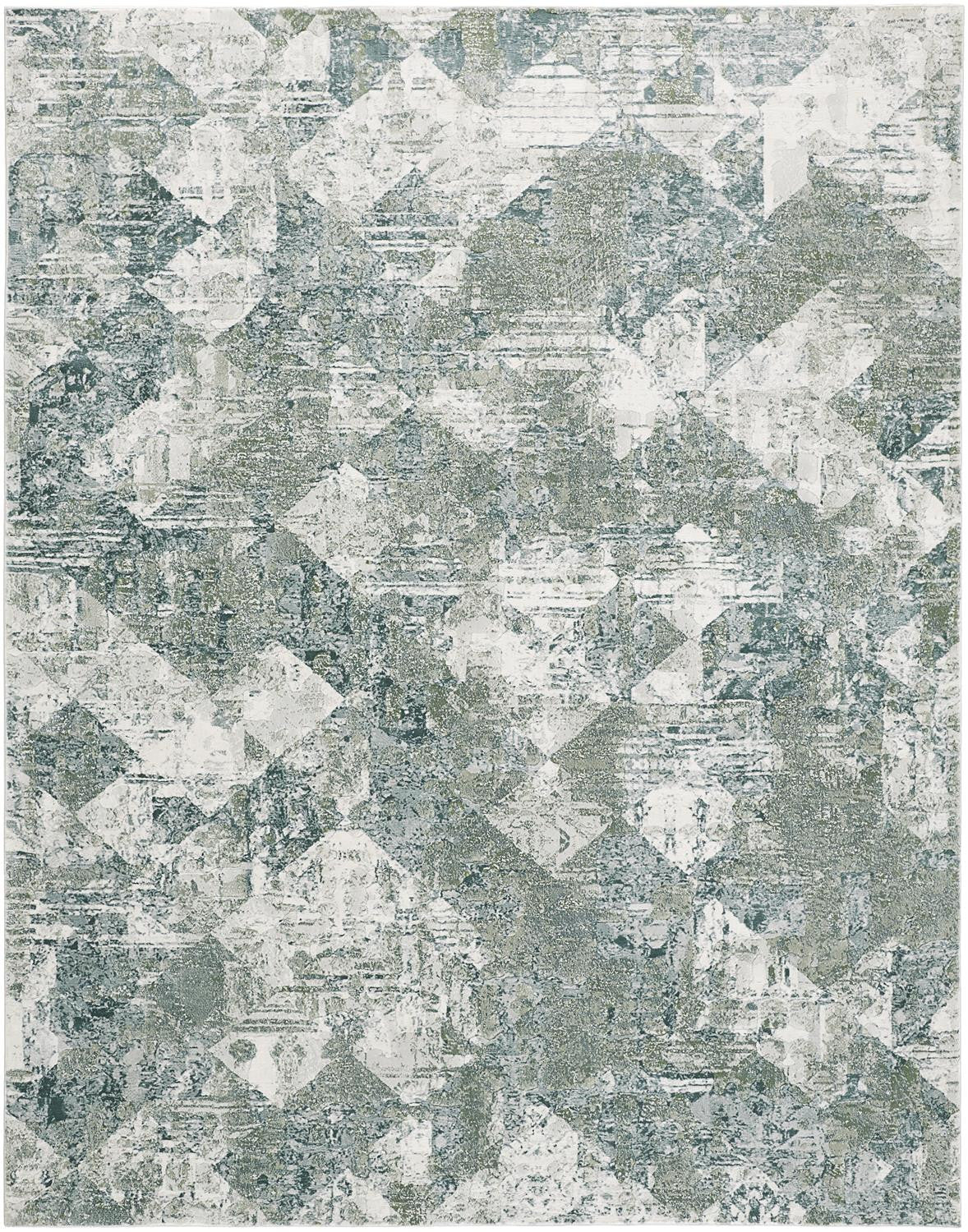 5' X 8' Green And Ivory Patchwork Distressed Stain Resistant Area Rug