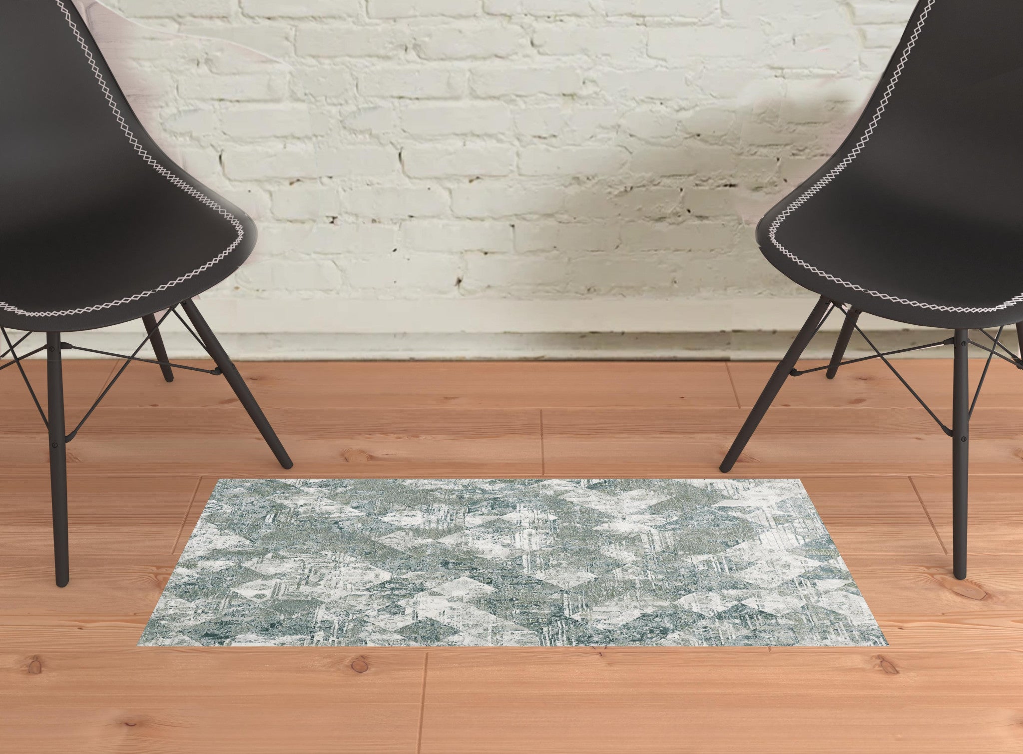 2' X 3' Green And Ivory Patchwork Distressed Stain Resistant Area Rug