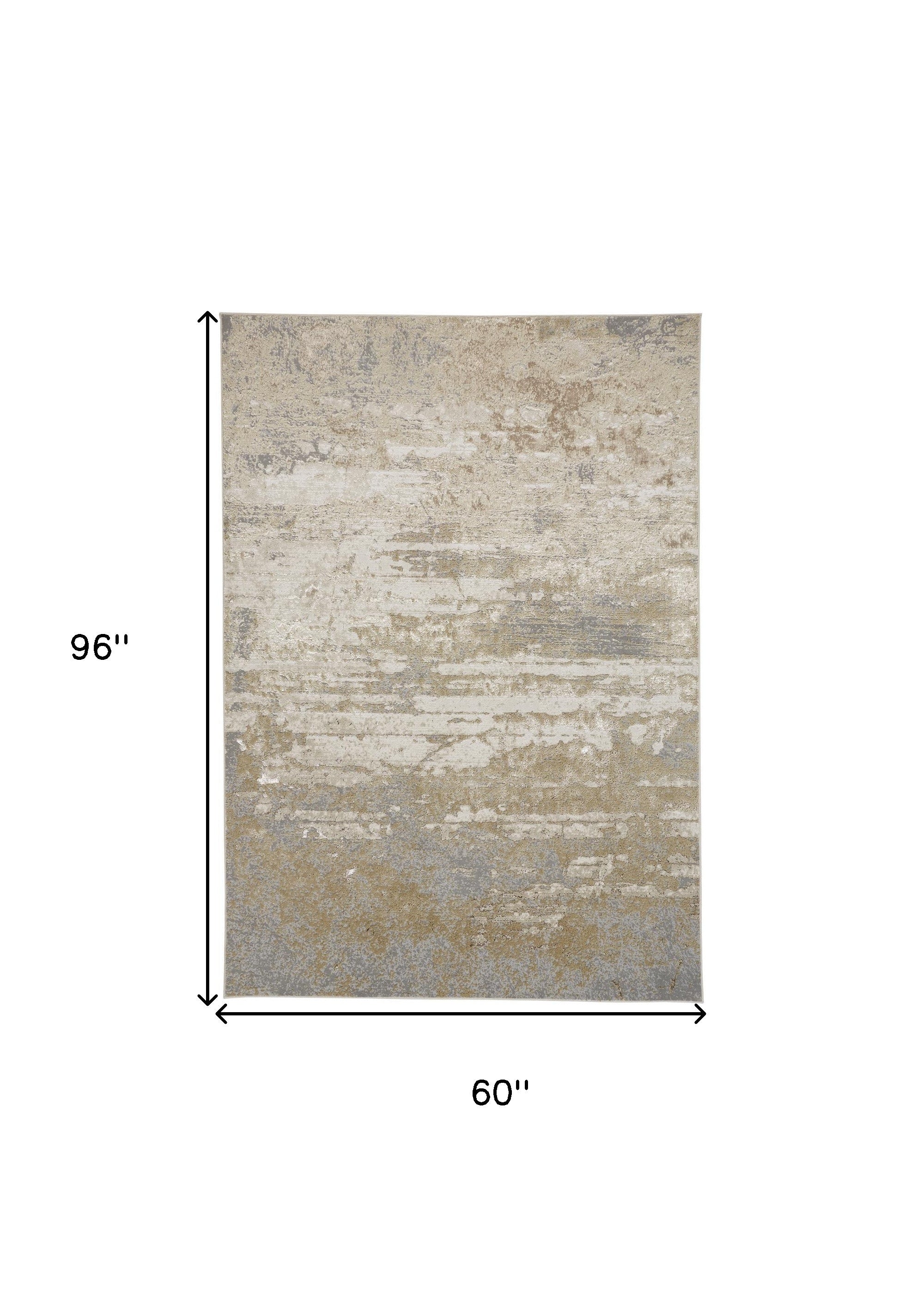 5' X 8' Ivory Gold And Gray Abstract Stain Resistant Area Rug