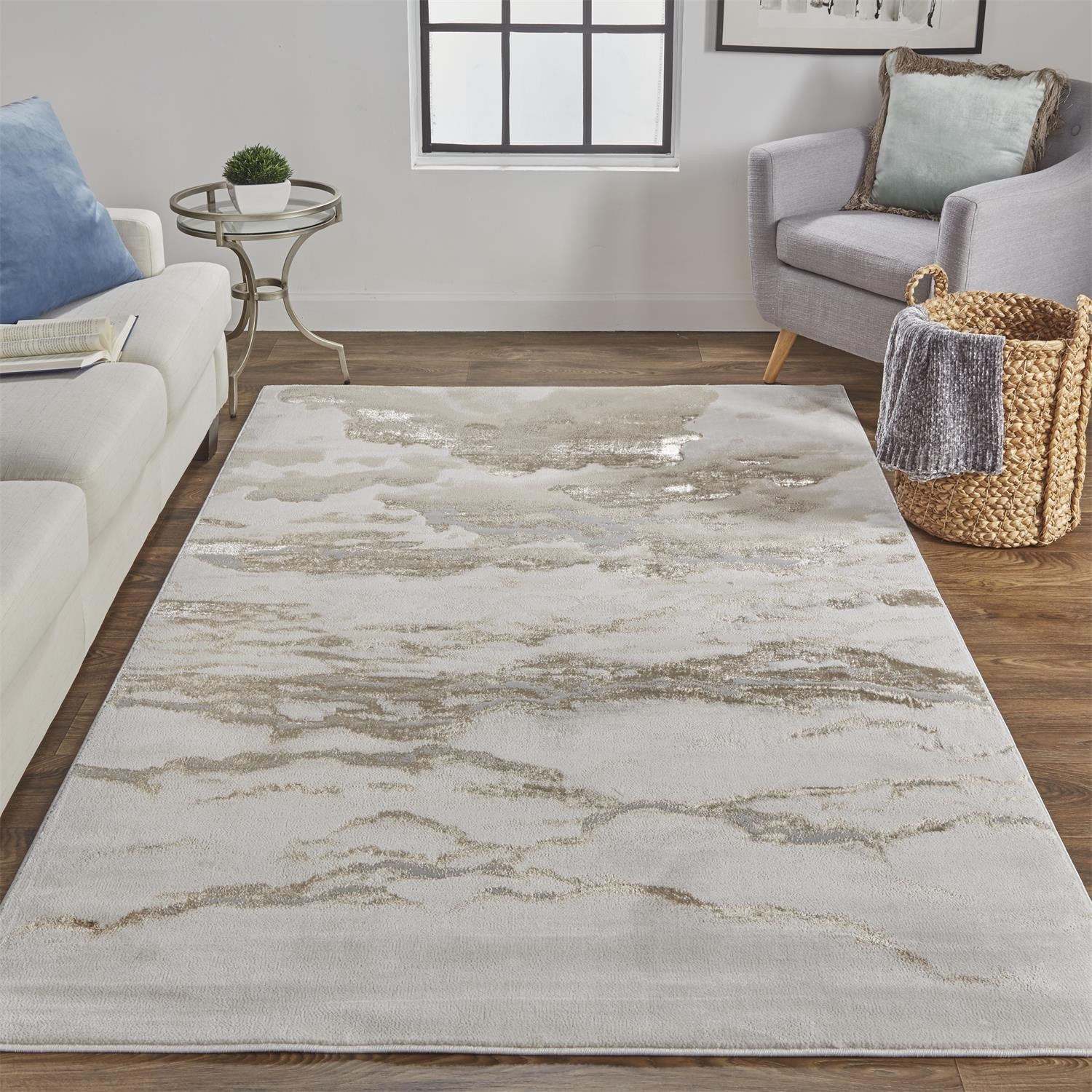 5' X 8' Ivory Tan And Gray Abstract Stain Resistant Area Rug