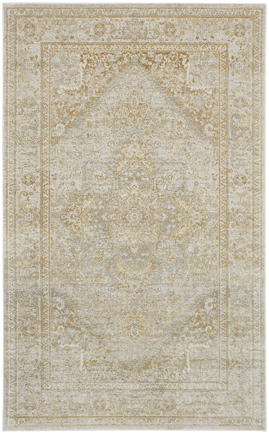 5' X 8' Ivory And Gold Floral Stain Resistant Area Rug