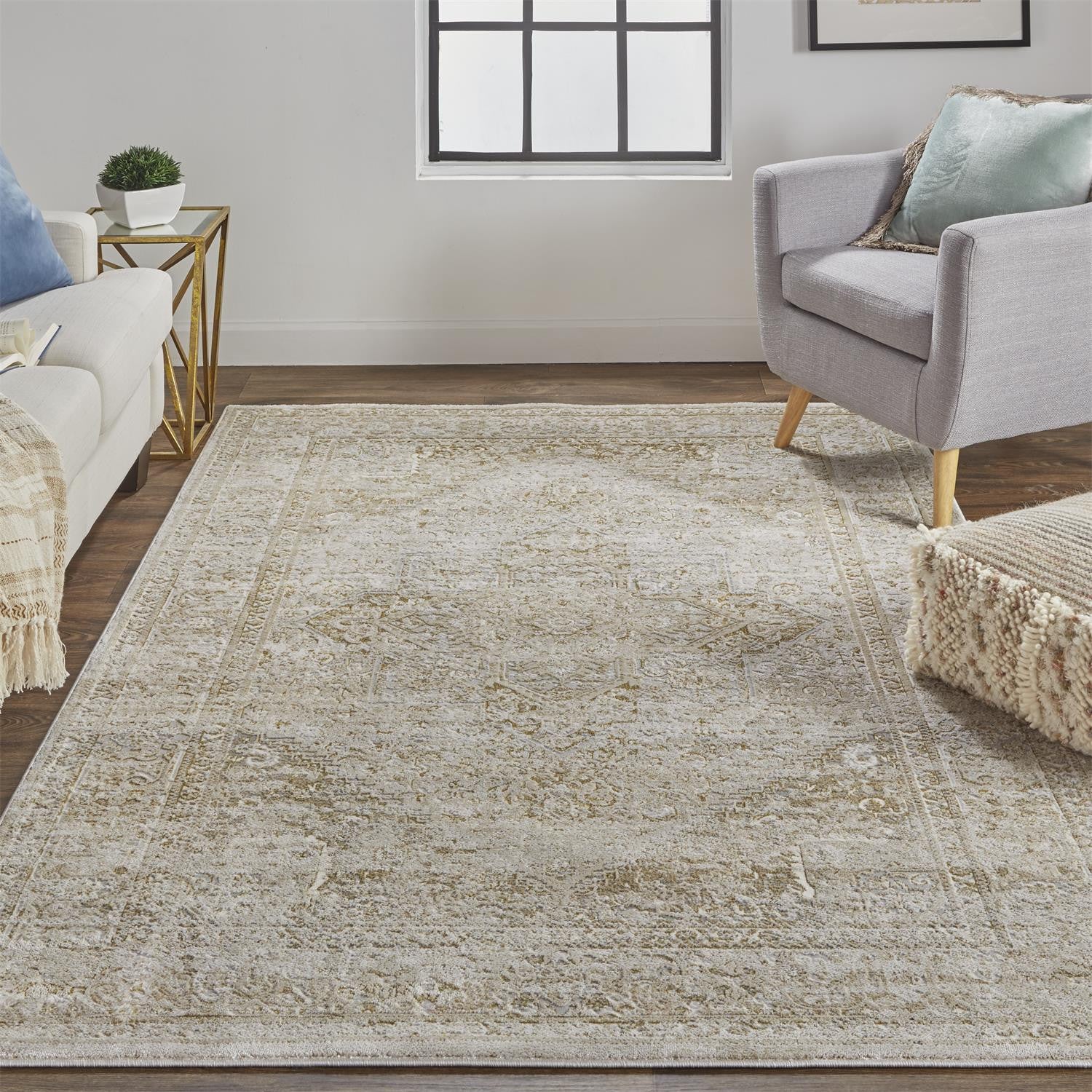 5' X 8' Ivory And Gold Floral Stain Resistant Area Rug