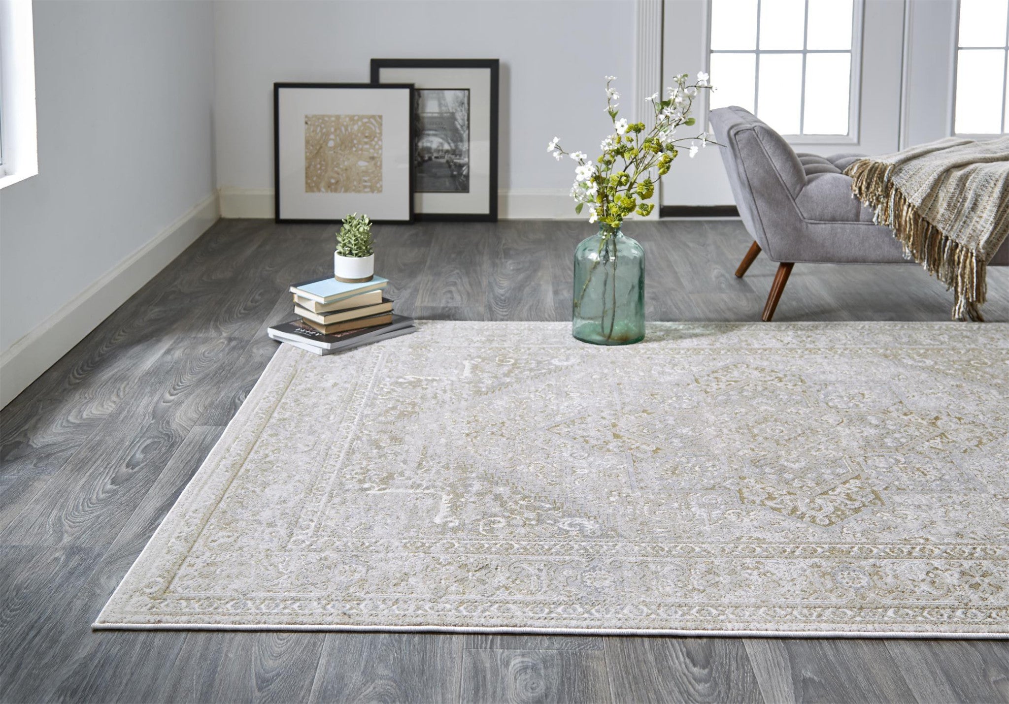 7' X 10' Ivory And Gold Floral Stain Resistant Area Rug