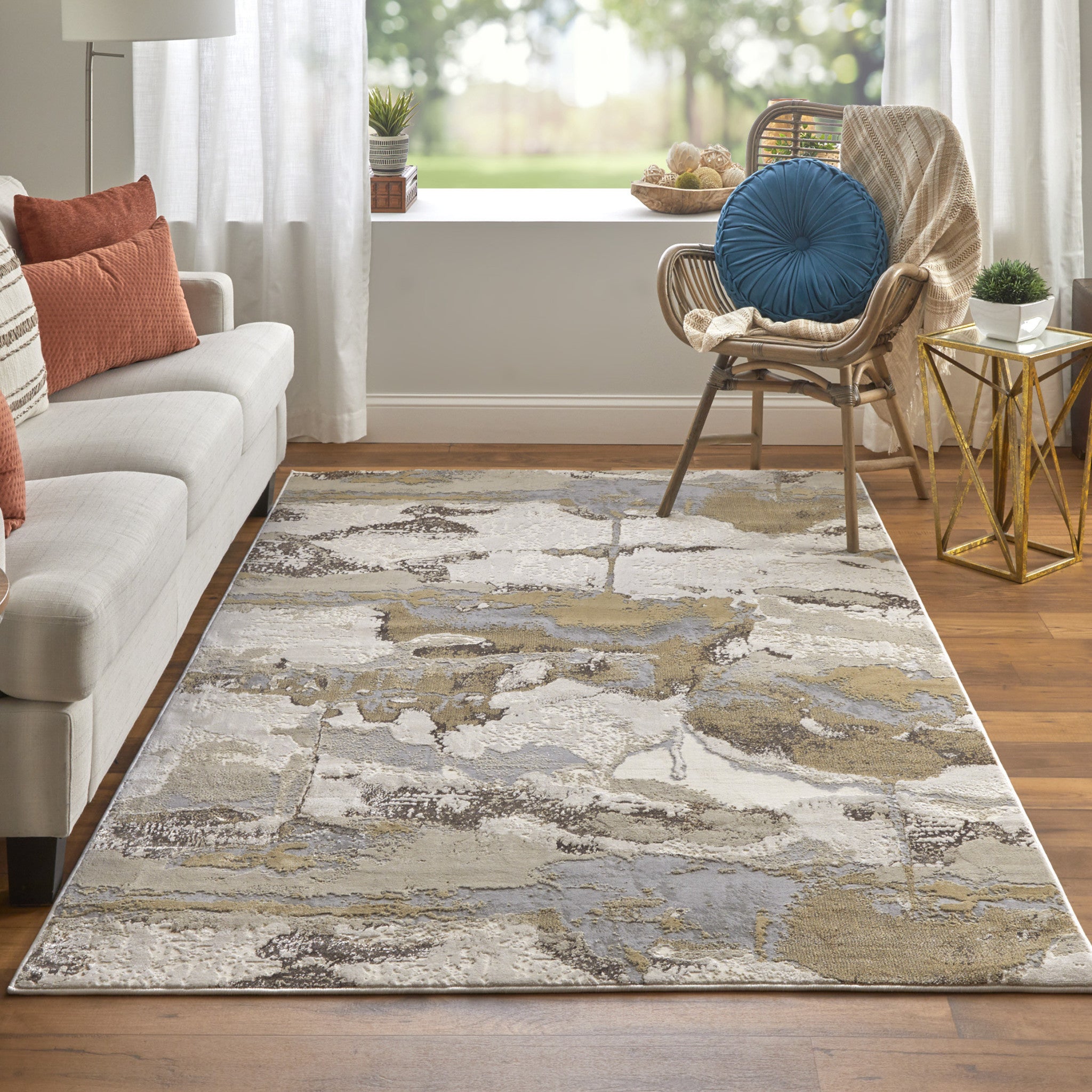 4' X 6' Gray Ivory And Gold Abstract Area Rug