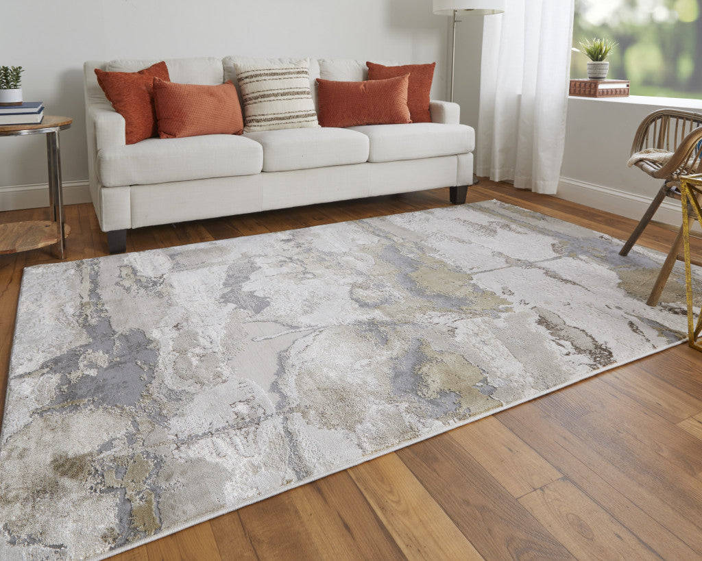 4' X 6' Gray Ivory And Gold Abstract Area Rug