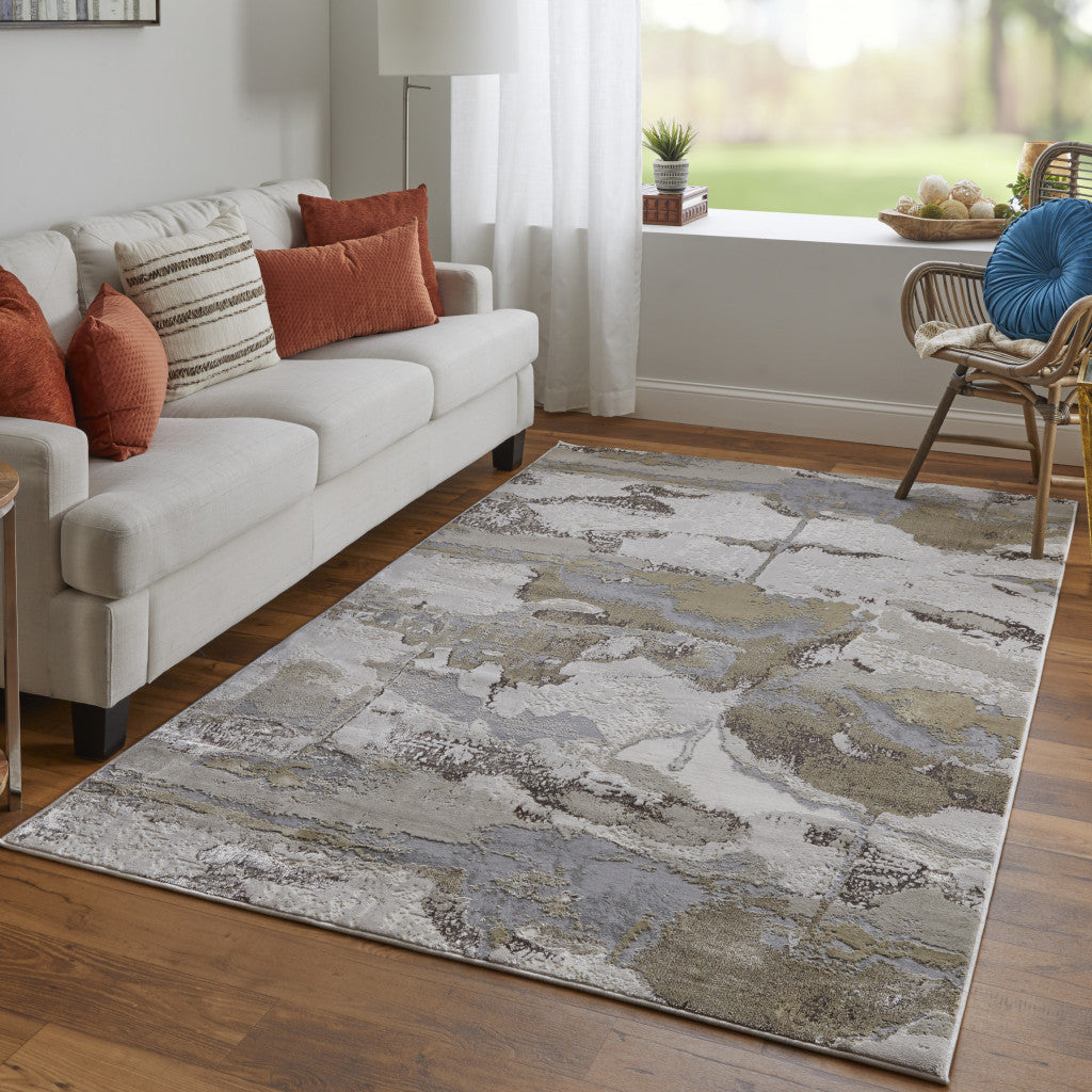 5' X 8' Gray Ivory And Gold Abstract Stain Resistant Area Rug