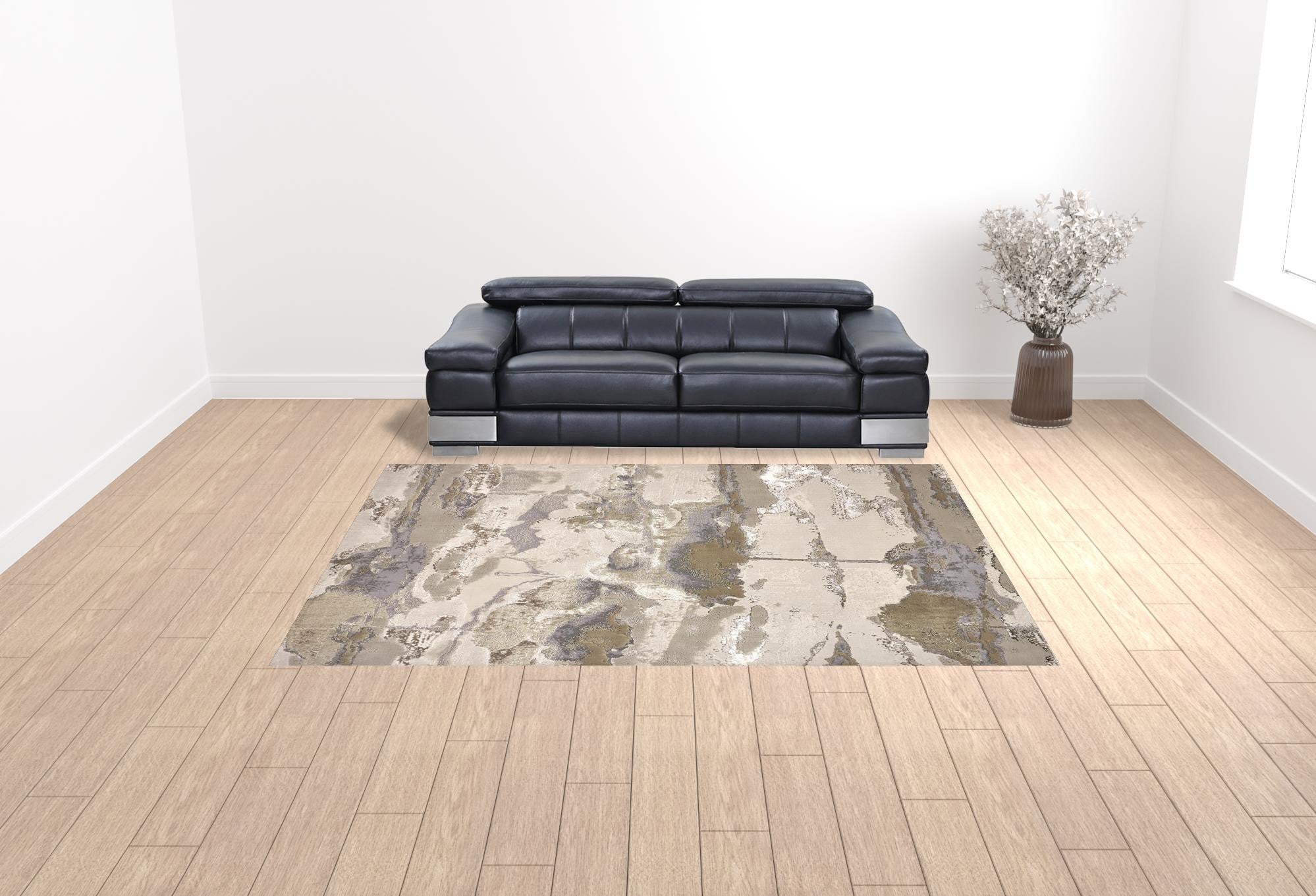 9' X 12' Gray Ivory And Gold Abstract Area Rug