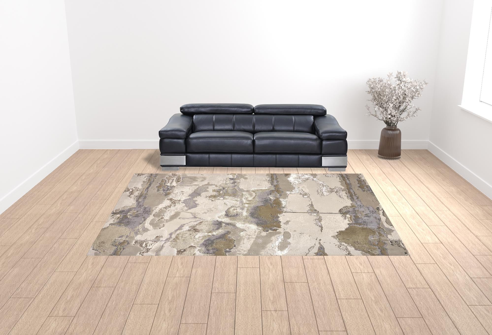 10' X 13' Gray Ivory And Gold Abstract Stain Resistant Area Rug