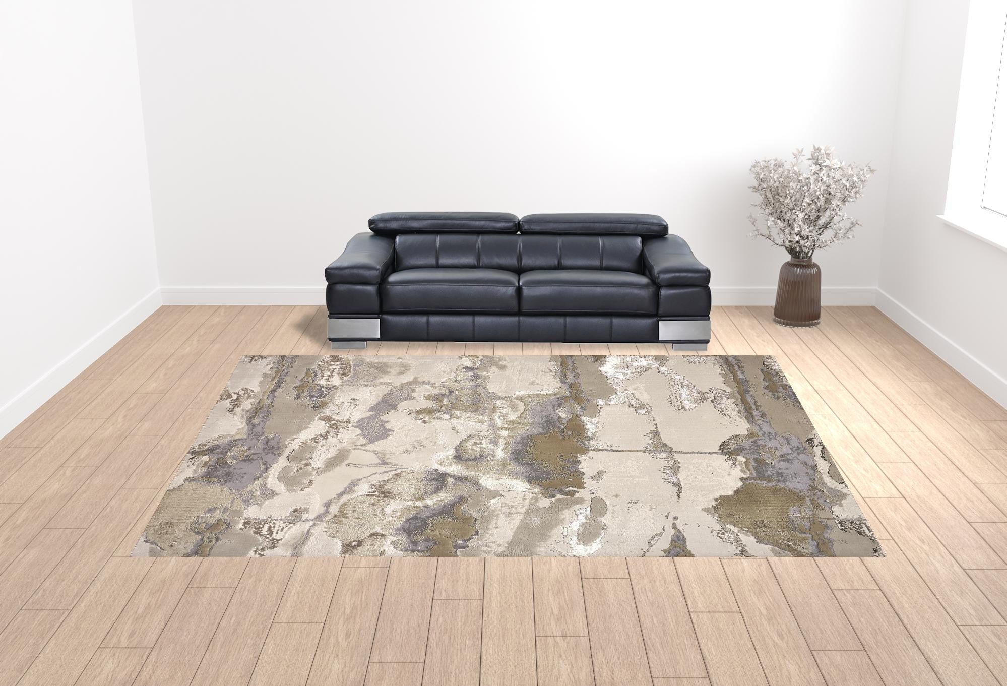 12' X 15' Gray Ivory And Gold Abstract Stain Resistant Area Rug