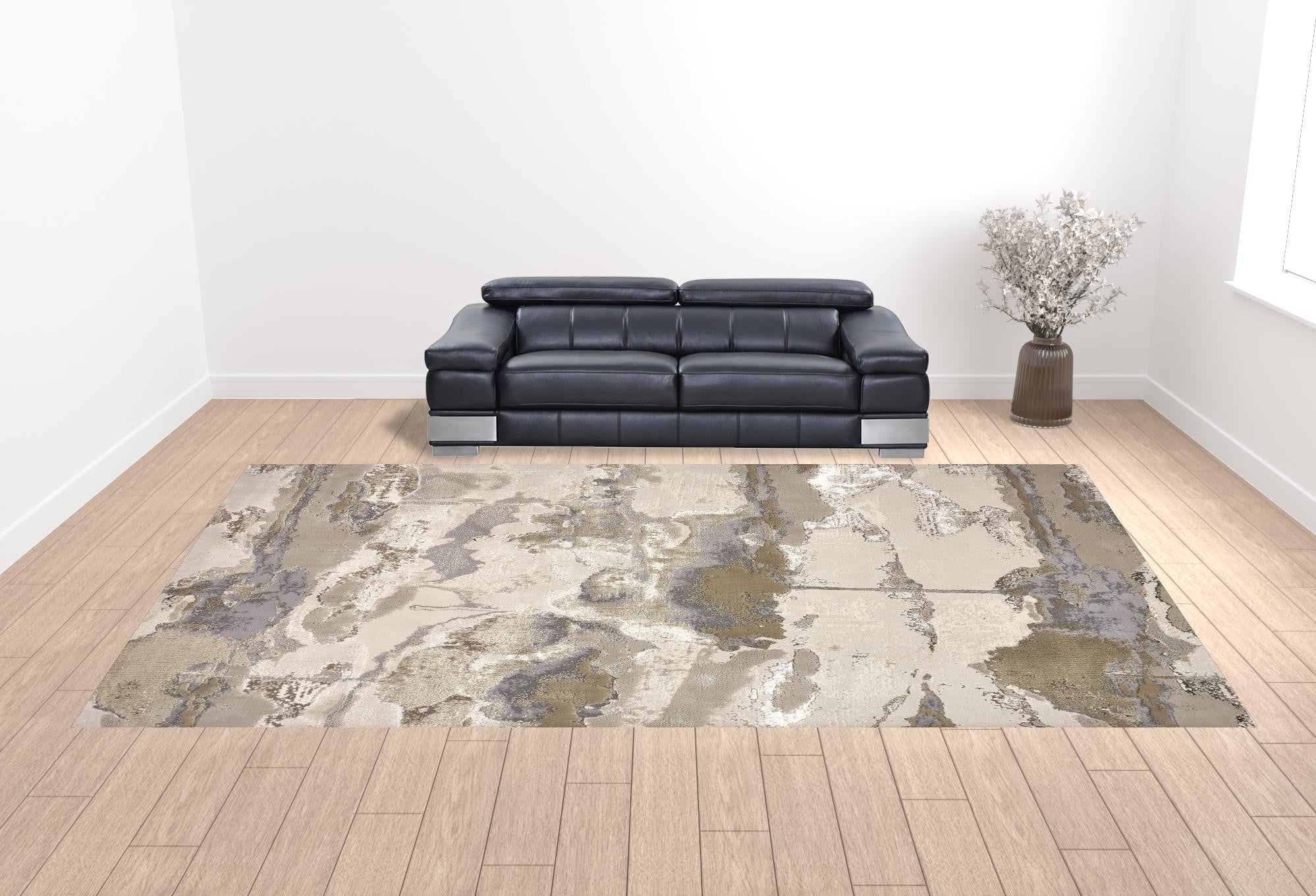 12' X 18' Gray Ivory And Gold Abstract Area Rug