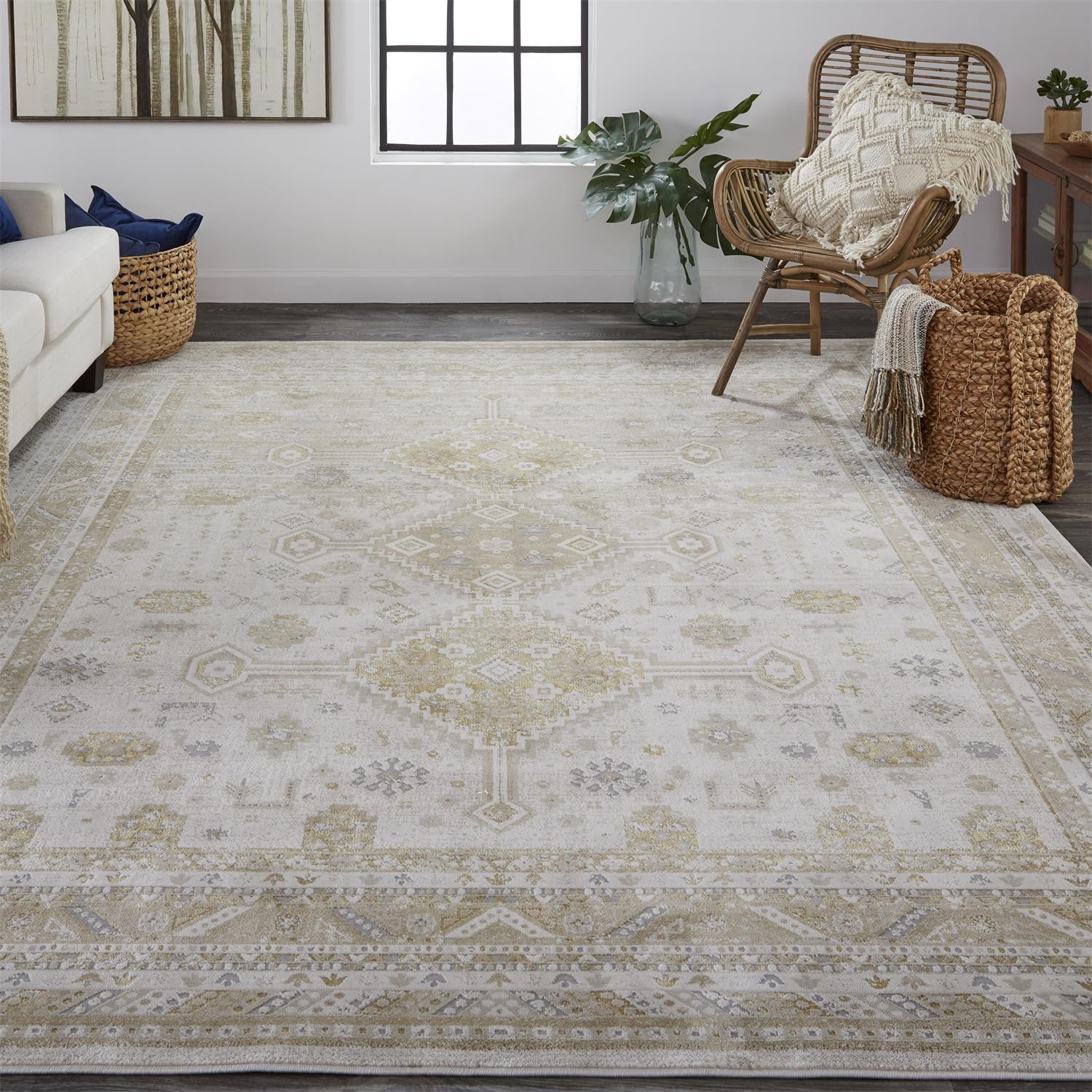 5' X 8' Gold And Ivory Floral Stain Resistant Area Rug