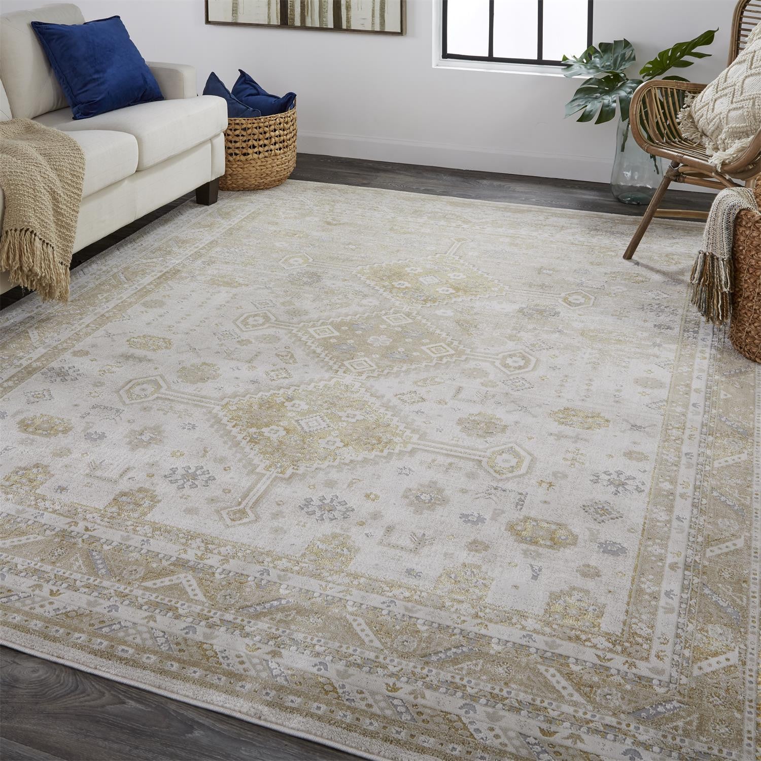 9' X 12' Gold And Ivory Floral Area Rug