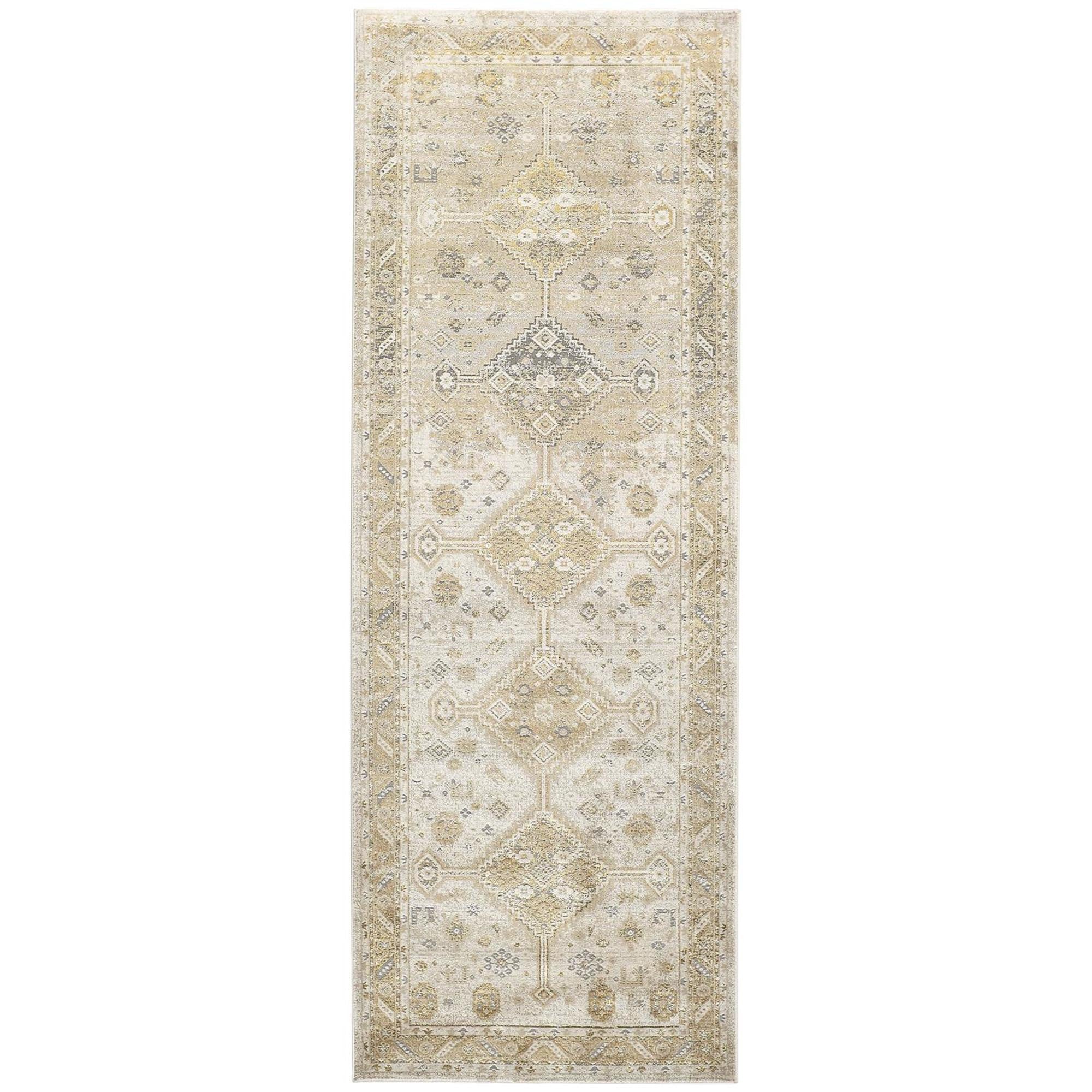 8' Gold and Ivory Floral Runner Rug