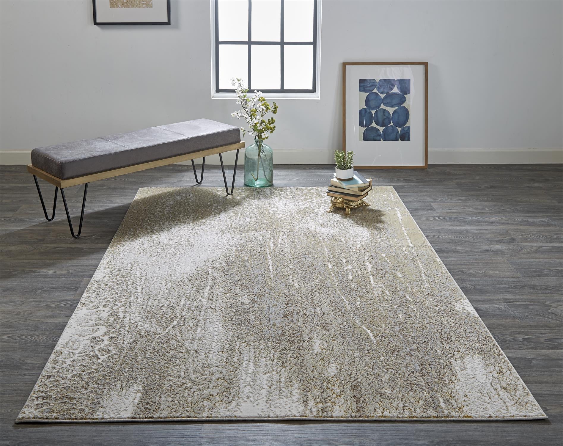 7' X 10' Ivory Gray And Gold Abstract Stain Resistant Area Rug