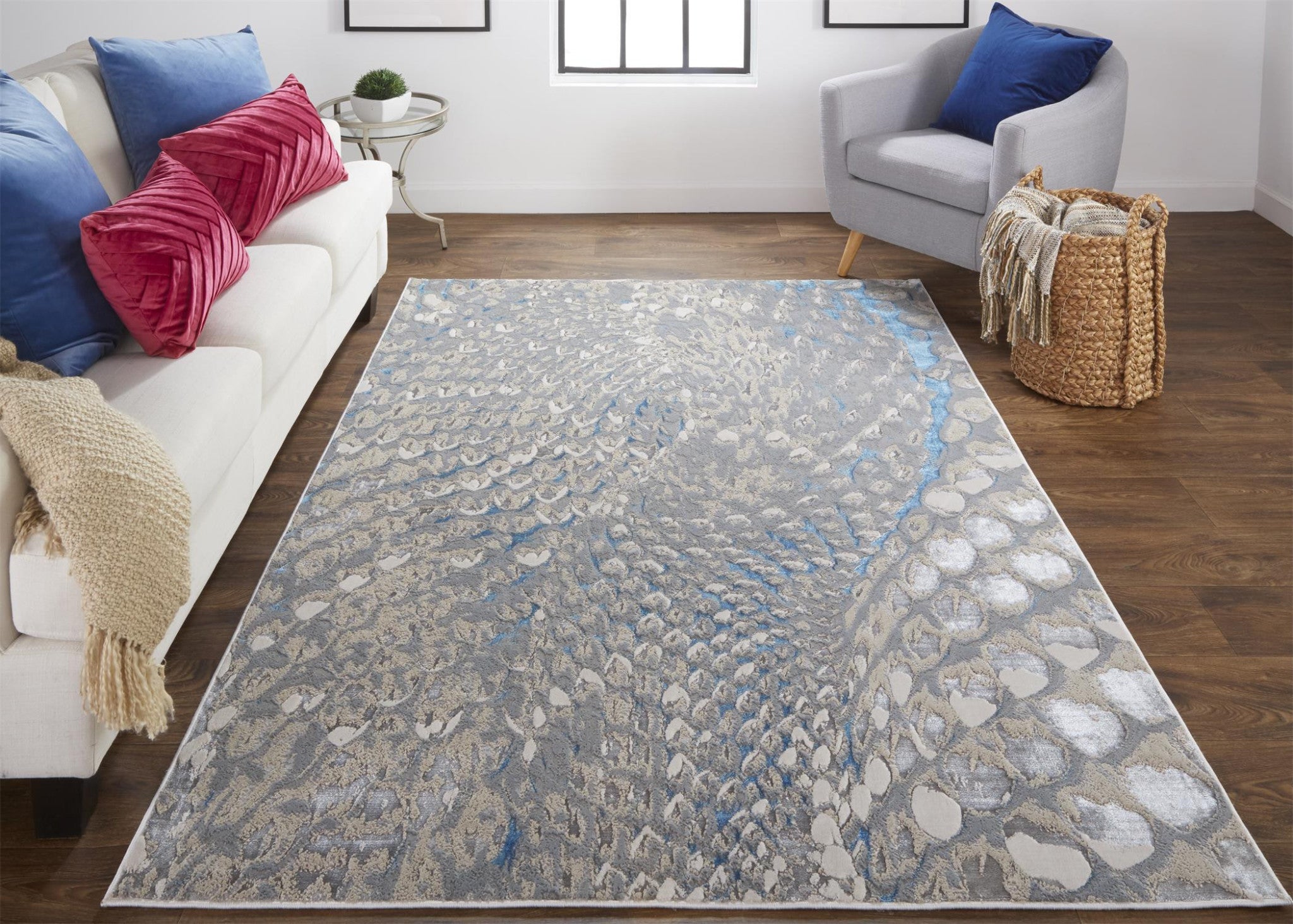 7' X 10' Blue Silver And Gray Geometric Stain Resistant Area Rug