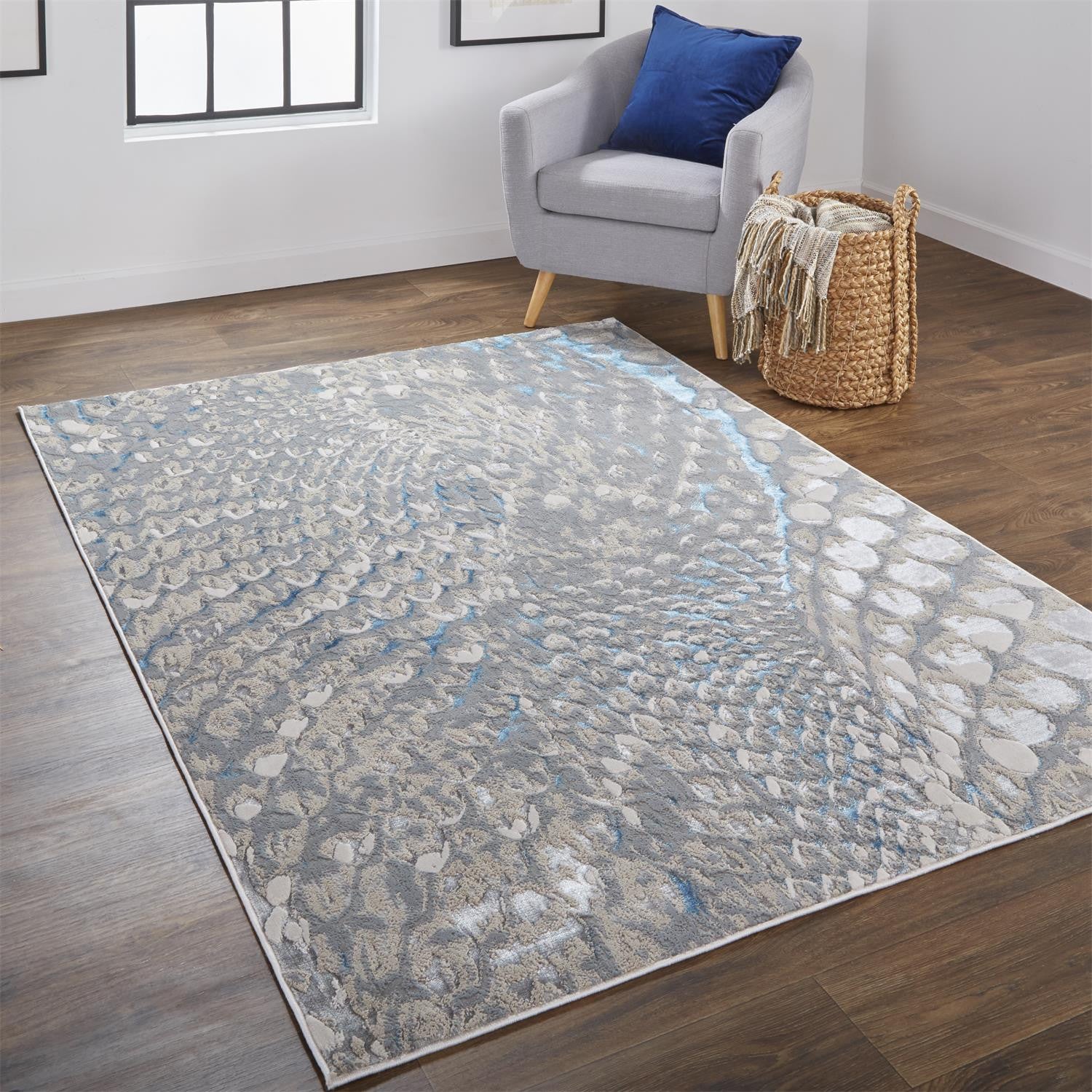 7' X 10' Blue Silver And Gray Geometric Stain Resistant Area Rug