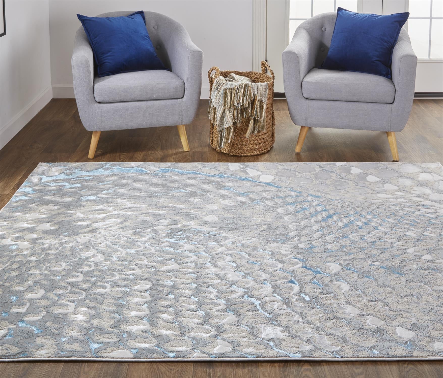 7' X 10' Blue Silver And Gray Geometric Stain Resistant Area Rug