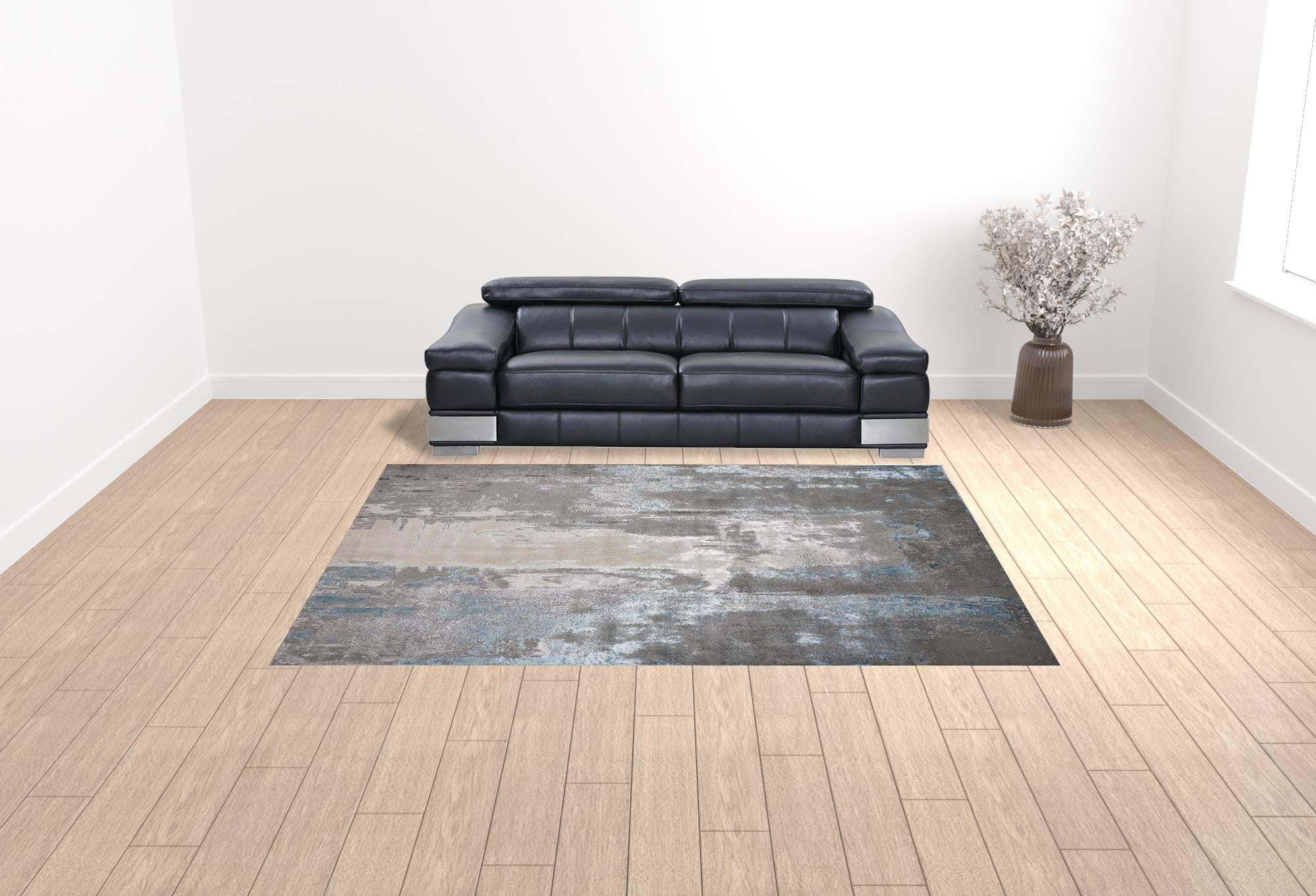 9' X 12' Gray Ivory And Blue Abstract Area Rug