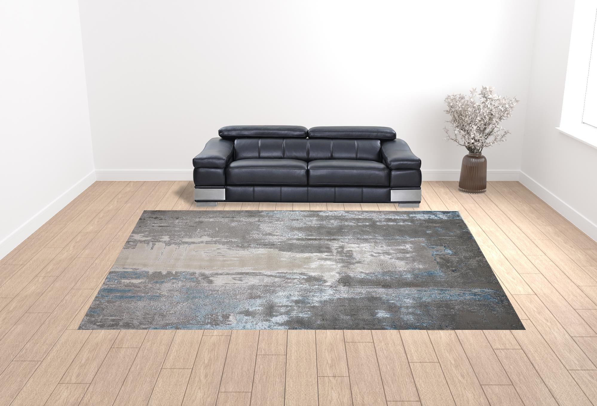 12' X 15' Gray Ivory And Blue Abstract Stain Resistant Area Rug