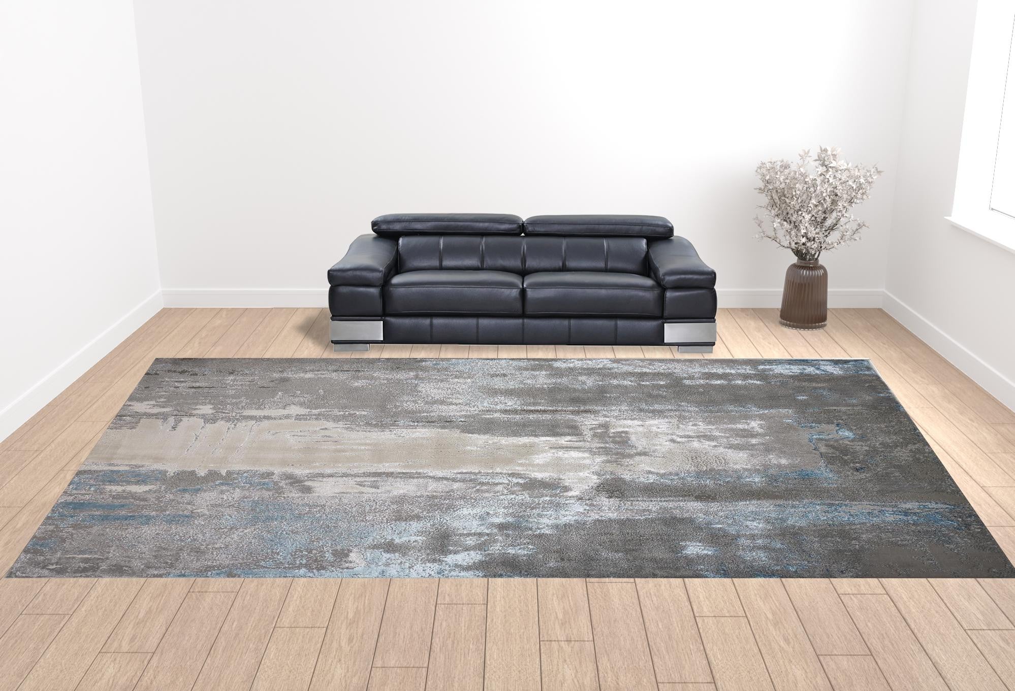 Gray Ivory And Blue Abstract Area Rug