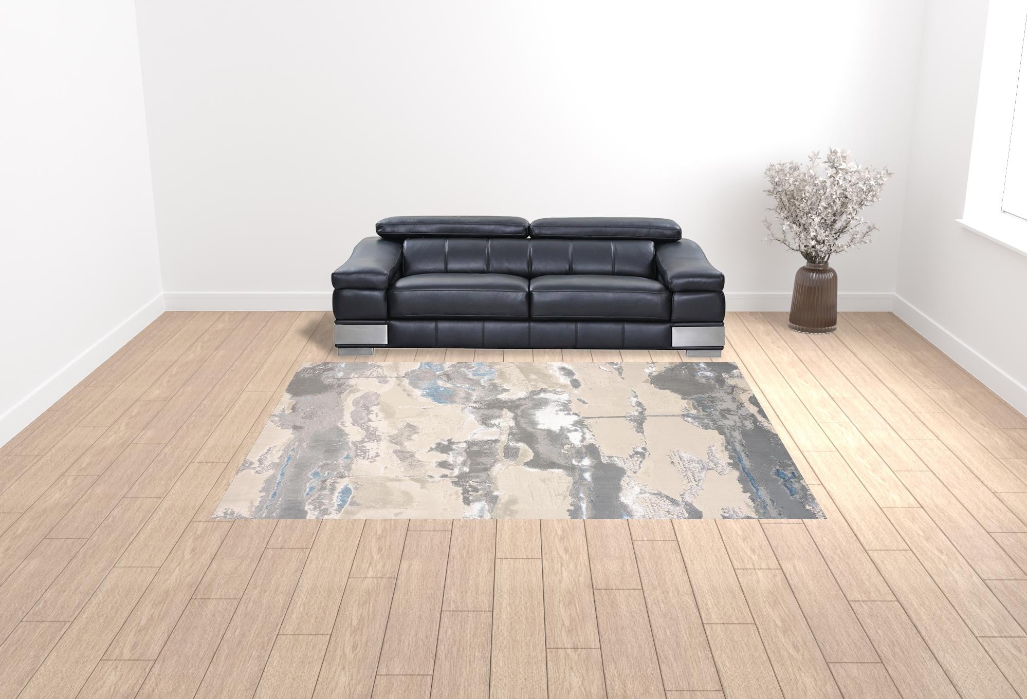 9' X 12' Ivory Gray And Blue Abstract Area Rug