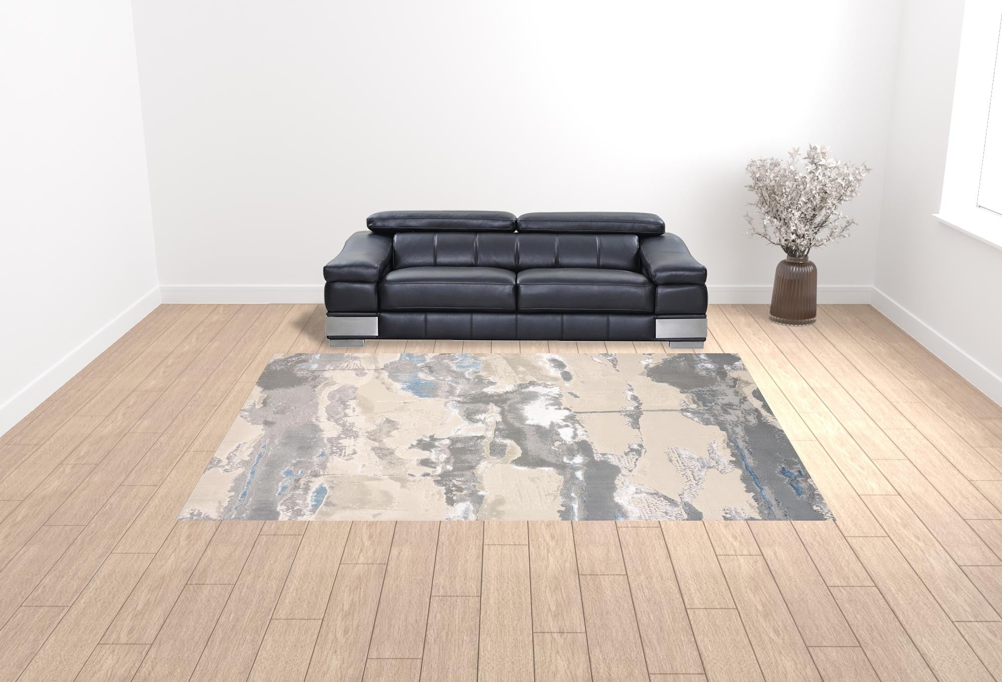 10' X 13' Ivory Gray And Blue Abstract Stain Resistant Area Rug