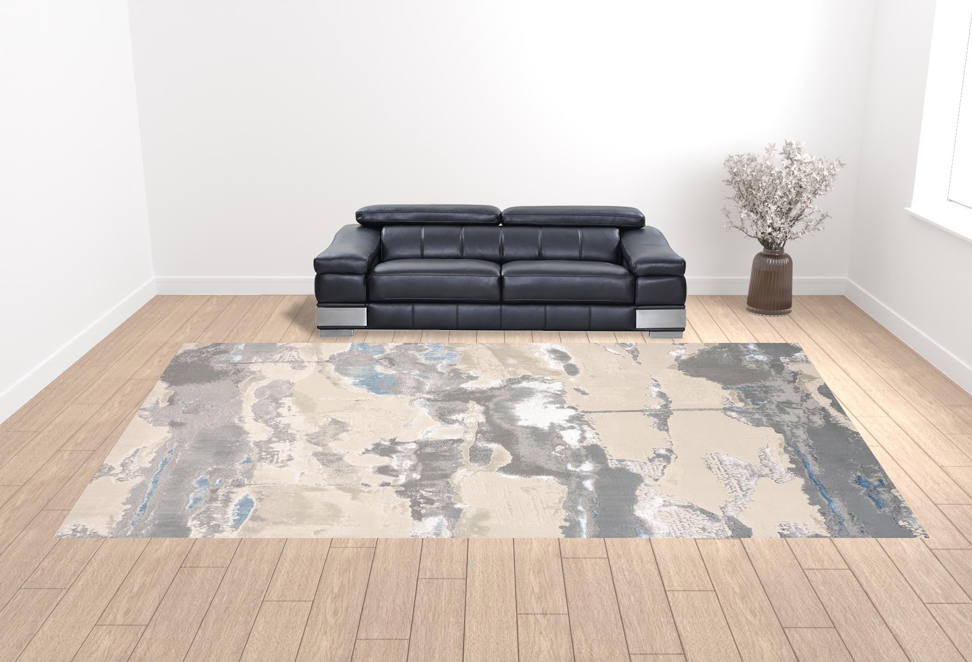 12' X 18' Ivory Gray And Blue Abstract Area Rug