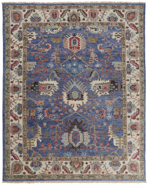 5' X 8' Blue And Red Wool Floral Hand Knotted Stain Resistant Area Rug