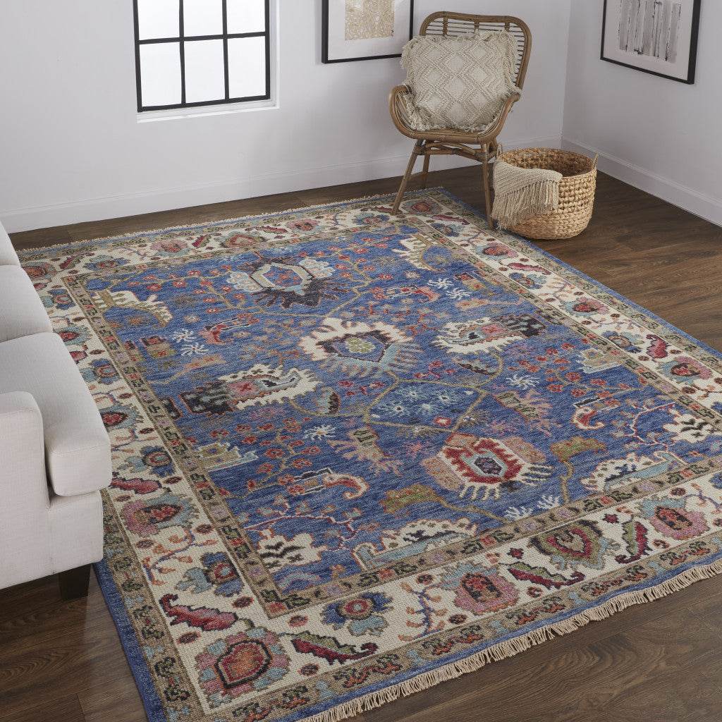 5' X 8' Blue And Red Wool Floral Hand Knotted Stain Resistant Area Rug