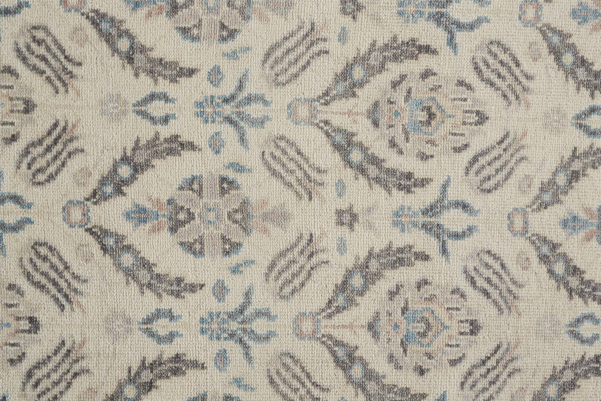 4' X 6' Ivory Gray And Blue Wool Floral Hand Knotted Stain Resistant Area Rug