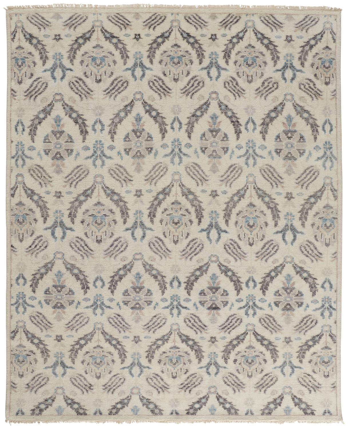 5' X 8' Ivory Gray And Blue Wool Floral Hand Knotted Stain Resistant Area Rug