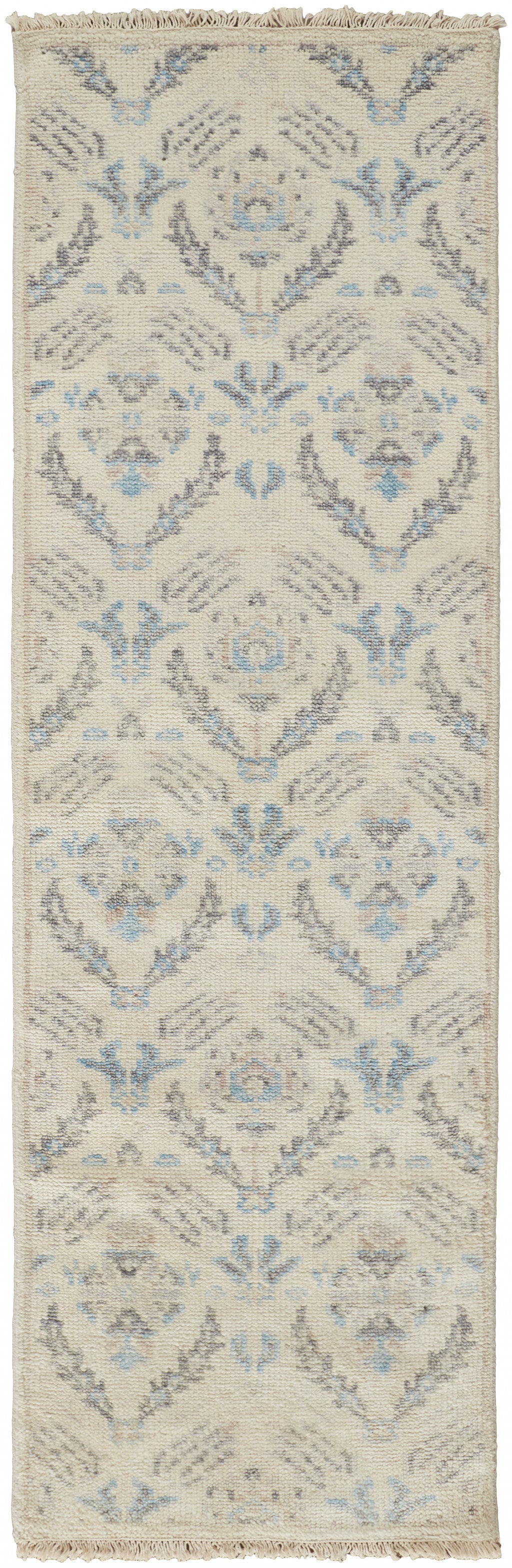 8' Ivory Gray And Blue Wool Floral Hand Knotted Stain Resistant Runner Rug