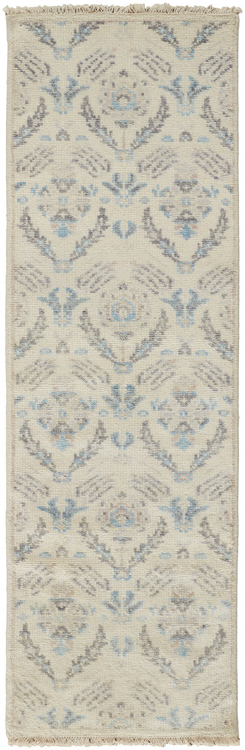 8' Ivory Gray And Blue Wool Floral Hand Knotted Stain Resistant Runner Rug