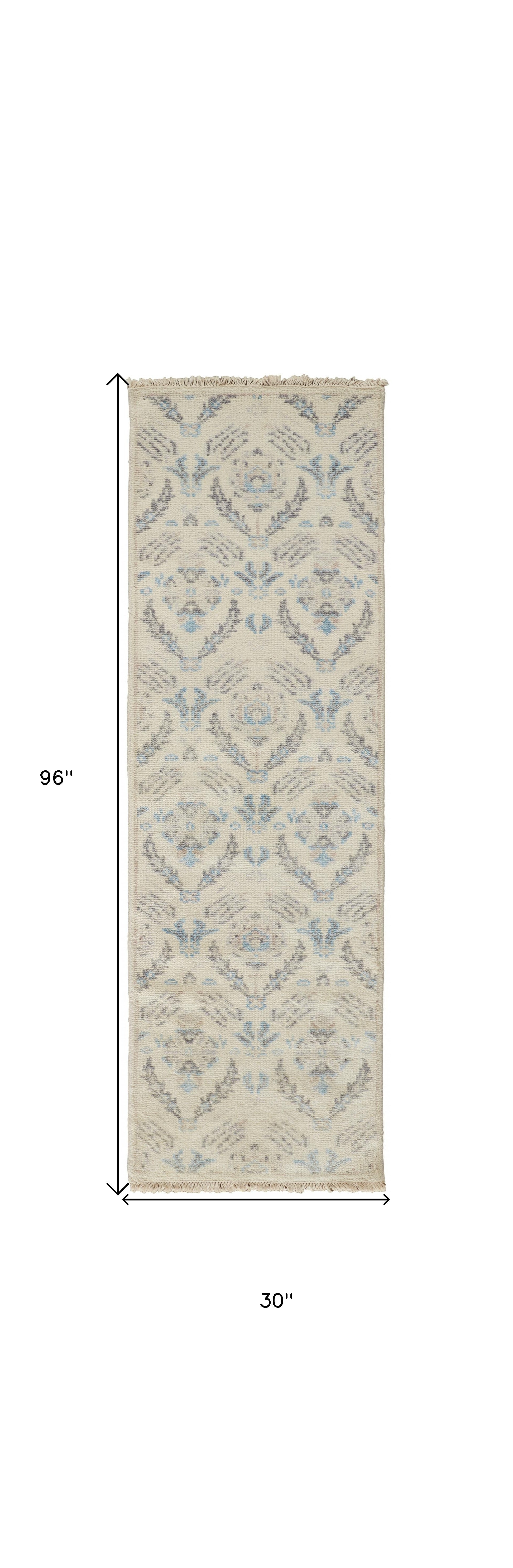 8' Ivory Gray And Blue Wool Floral Hand Knotted Stain Resistant Runner Rug