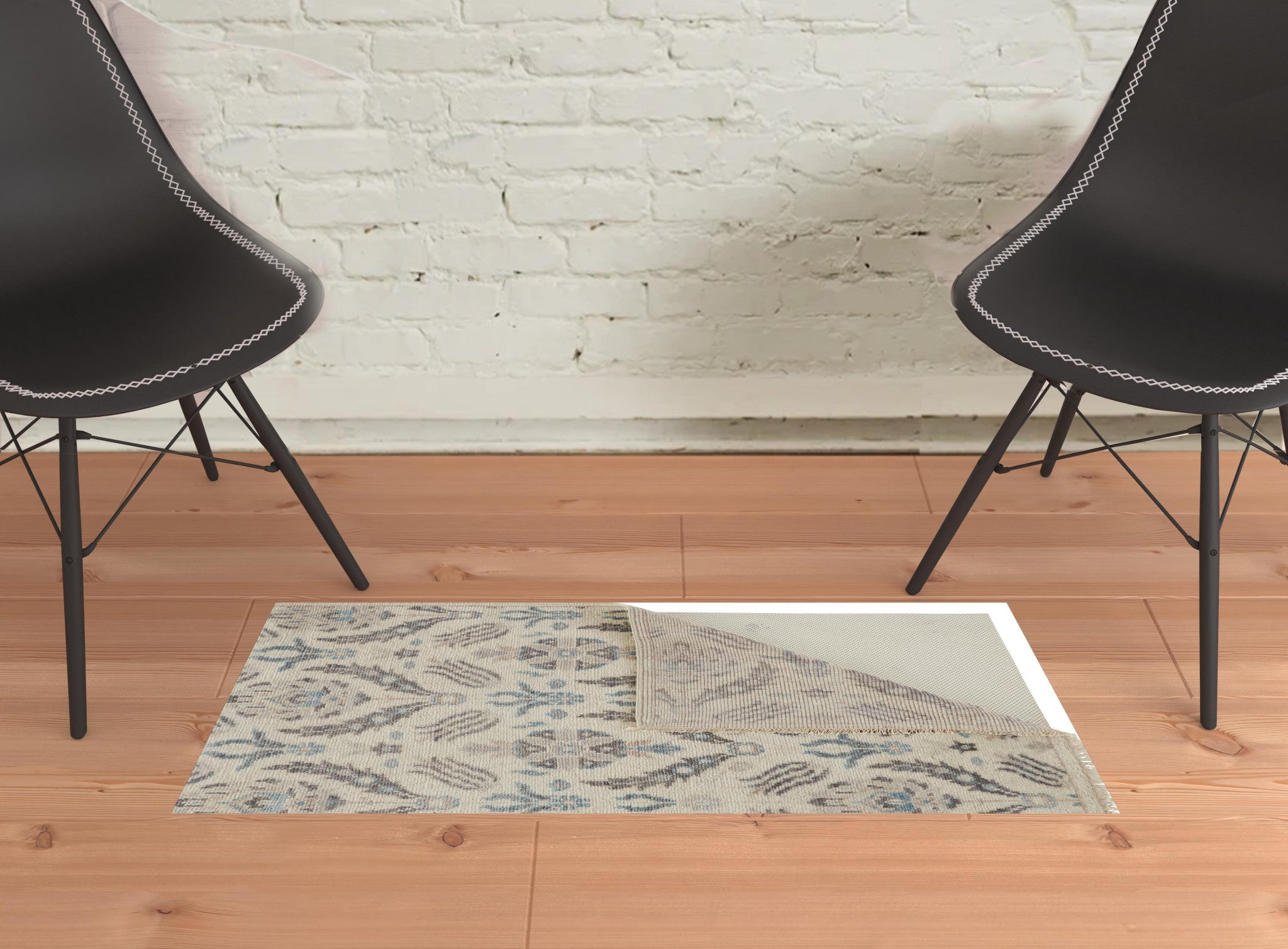 2' X 3' Ivory Gray And Blue Wool Floral Hand Knotted Stain Resistant Area Rug