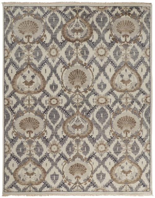 5' X 8' Ivory Gray And Taupe Wool Floral Hand Knotted Stain Resistant Area Rug