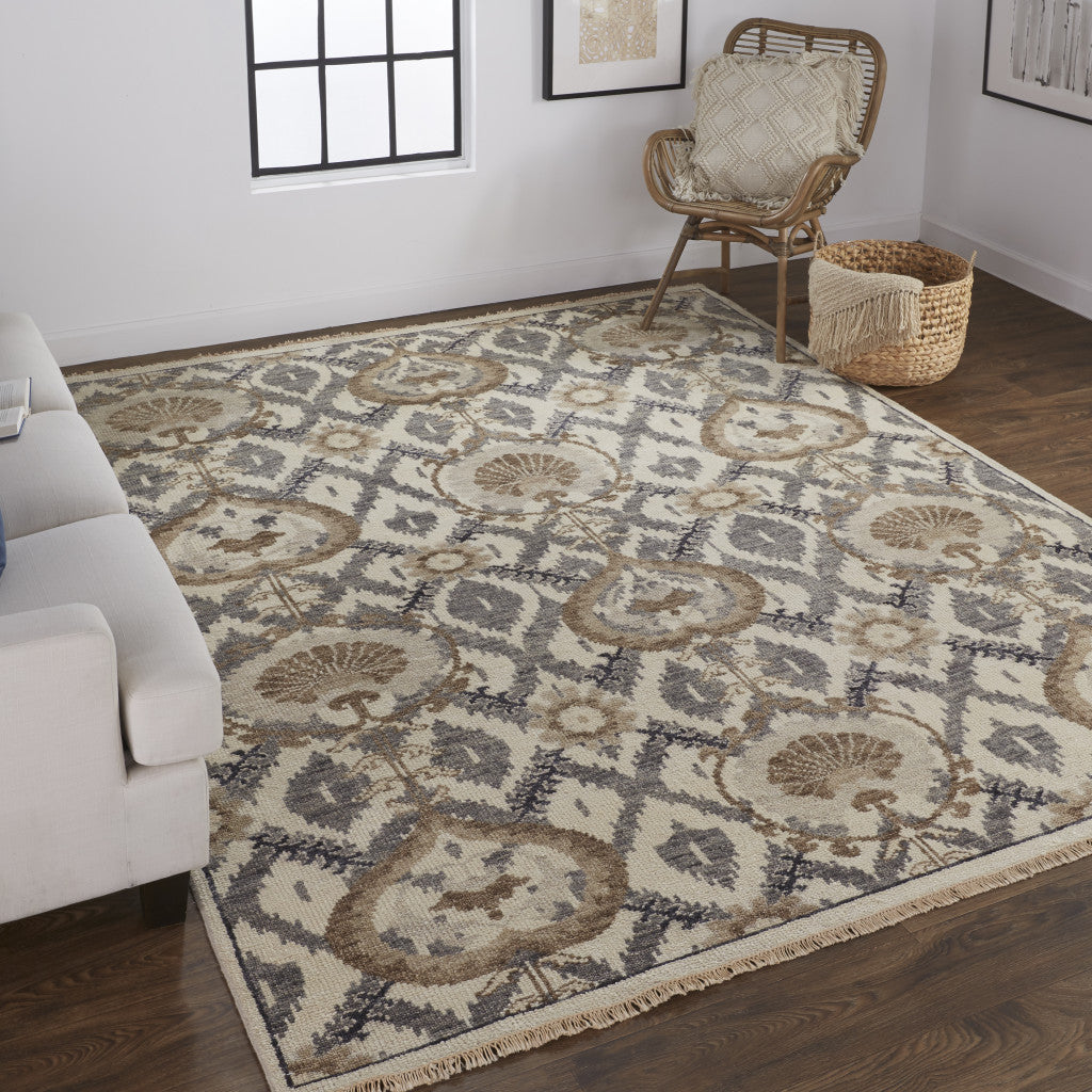 5' X 8' Ivory Gray And Taupe Wool Floral Hand Knotted Stain Resistant Area Rug