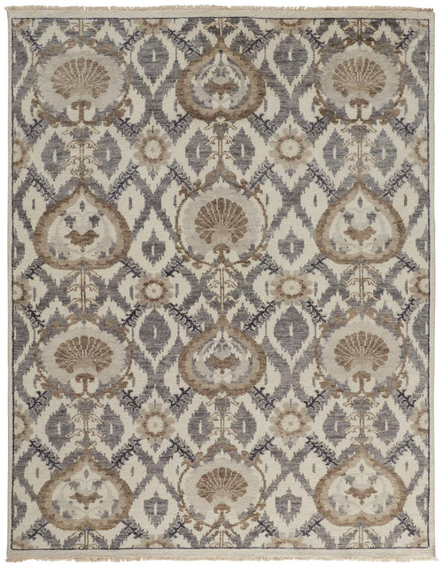 8' X 10' Ivory Gray And Taupe Wool Floral Hand Knotted Stain Resistant Area Rug