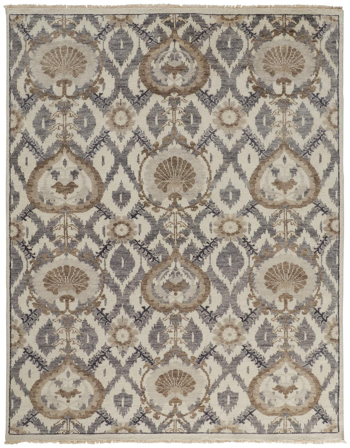 2' X 3' Ivory Gray And Taupe Wool Floral Hand Knotted Stain Resistant Area Rug