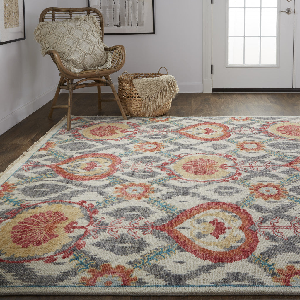 4' X 6' Orange And Gray Wool Floral Hand Knotted Stain Resistant Area Rug