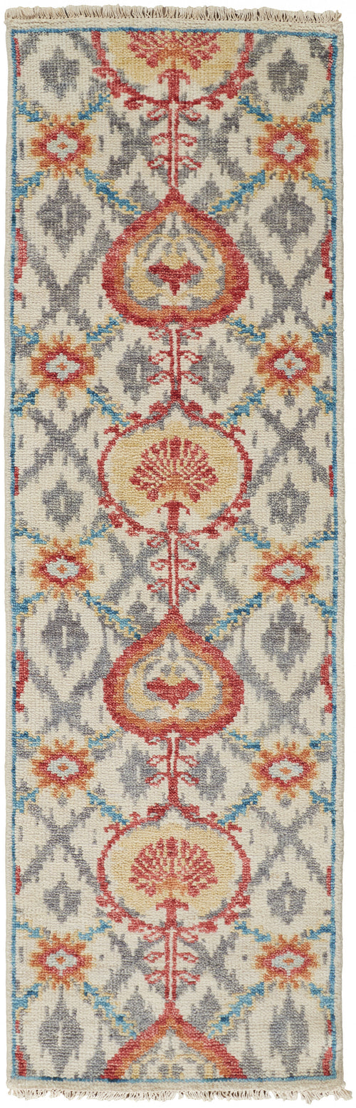 8' Orange And Gray Wool Floral Hand Knotted Stain Resistant Runner Rug