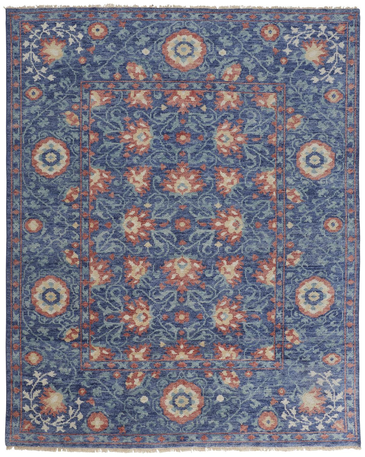 5' X 8' Blue And Red Wool Floral Hand Knotted Stain Resistant Area Rug