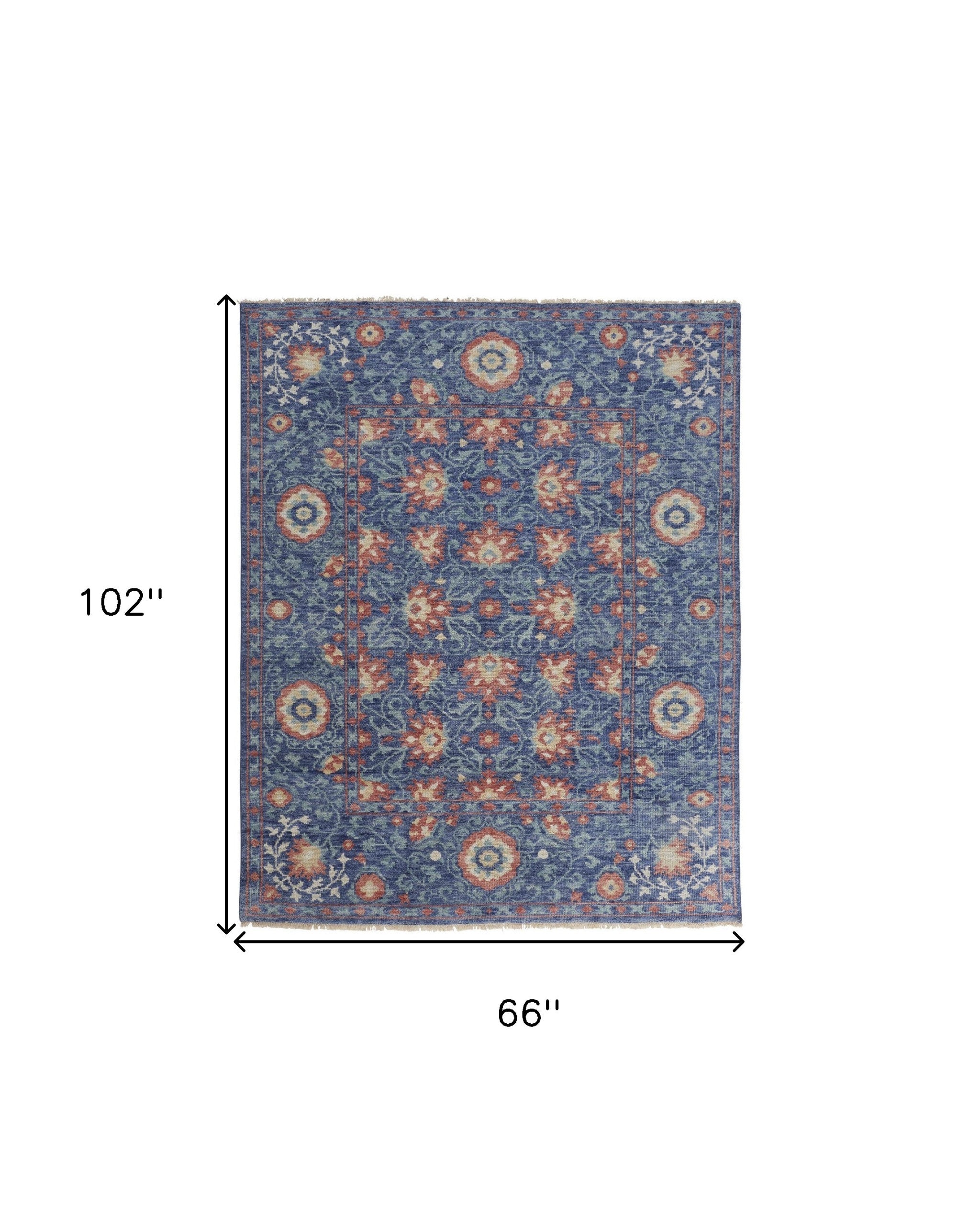 5' X 8' Blue And Red Wool Floral Hand Knotted Stain Resistant Area Rug