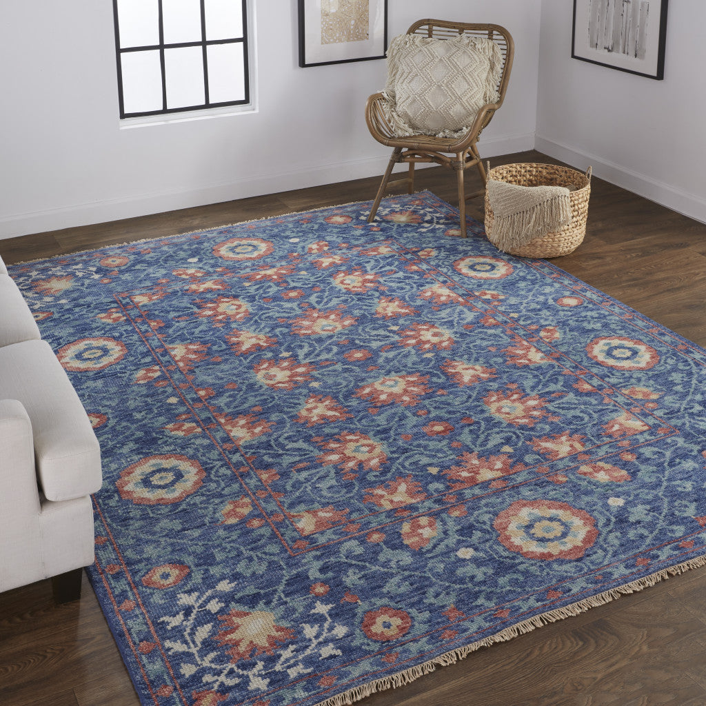 5' X 8' Blue And Red Wool Floral Hand Knotted Stain Resistant Area Rug