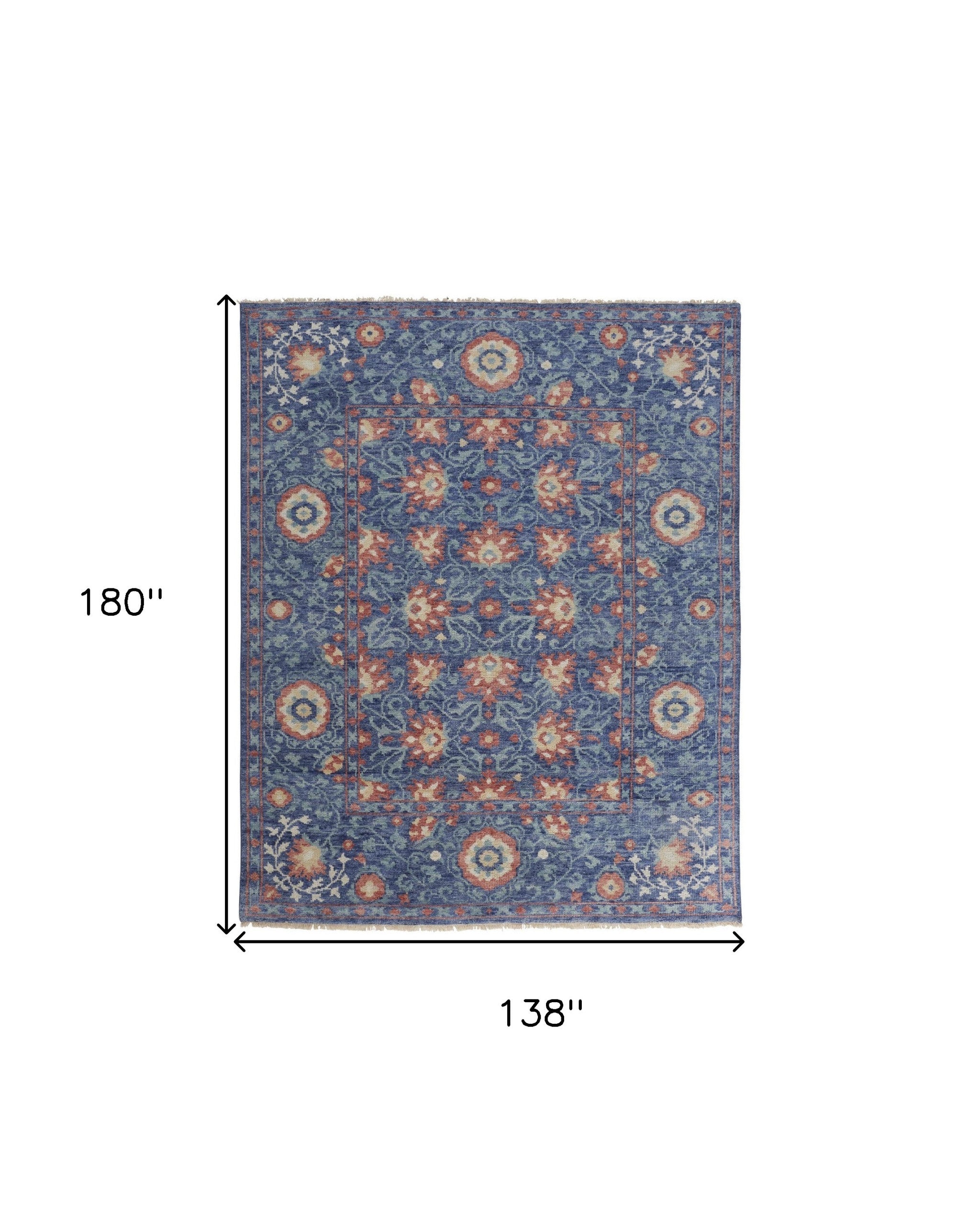 12' X 15' Blue And Red Wool Floral Hand Knotted Stain Resistant Area Rug